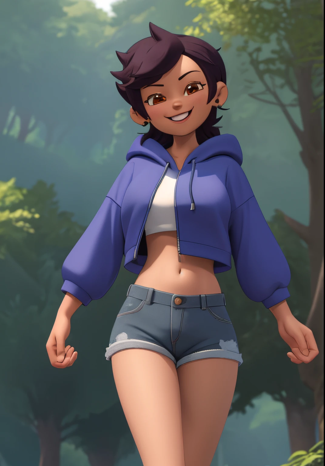 high quality 3d image of close up,smiling,looking at the camera,masterpiece,high detail,shorts,hoody,in a forest,exposed midriff,standing,