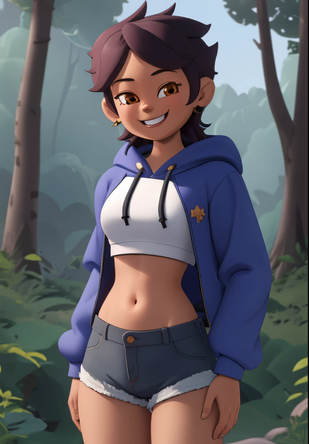 high quality 3d image of close up,smiling,looking at the camera,masterpiece,high detail,shorts,hoody,in a forest,exposed midriff,standing,