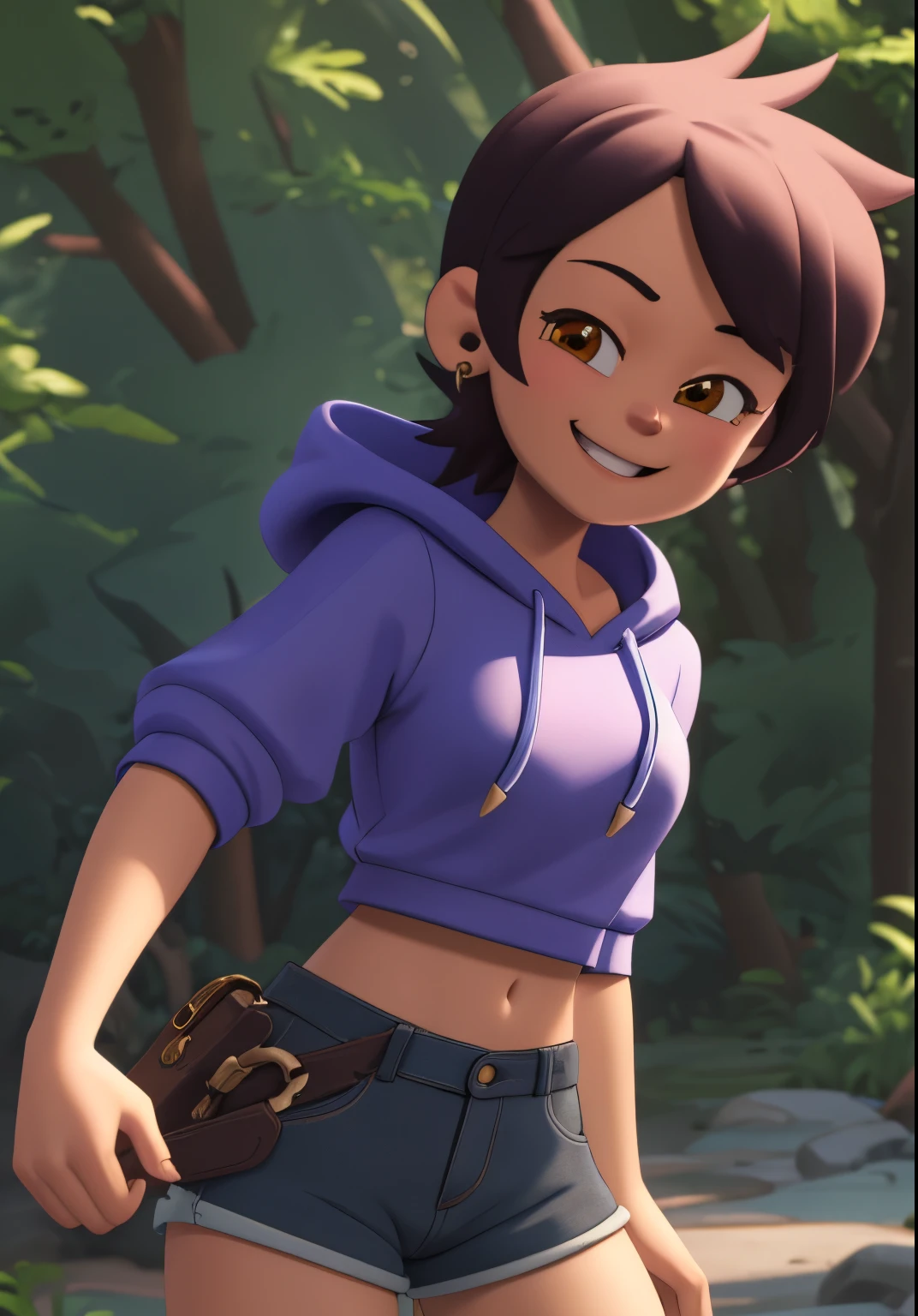 high quality 3d image of close up,smiling,looking at the camera,masterpiece,high detail,shorts,hoody,in a forest,exposed midriff,standing,