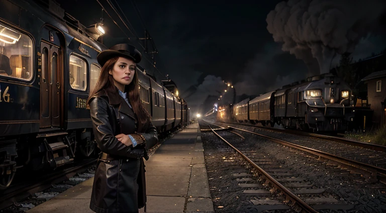 (best quality,4k,8k,highres,masterpiece:1.2),ultra-detailed,(realistic,photorealistic,photo-realistic:1.37),one train, dark Christmas landscape background,moody atmosphere,ominous clouds,twilight sky,silhouettes of trees and mountains,steam rising from the train,mysterious shadows,heavy fog,moonlit scene, majestic Christmas scenery,faraway mountains,reflective lake,crisp air,melancholic mood,vibrant colors,vintage steam locomotive,echoing train whistle,lonesome feeling,smoke billowing from the train,captivating anticipation,subtle highlights and shadows,distant city lights,Gothic architecture,lonely railway track,nighttime serenity, 2 people , ((1 man dark hair and short beard)), wearing (steampunk) with leather boots and green top hat (1.6 intricate details, Masterpiece, best quality), thick hair, medium hair, black , fair skin intense ((brown)) eyes, in front of train on the tracks in a (train yard) (standing next to a woman with long auburn hair),