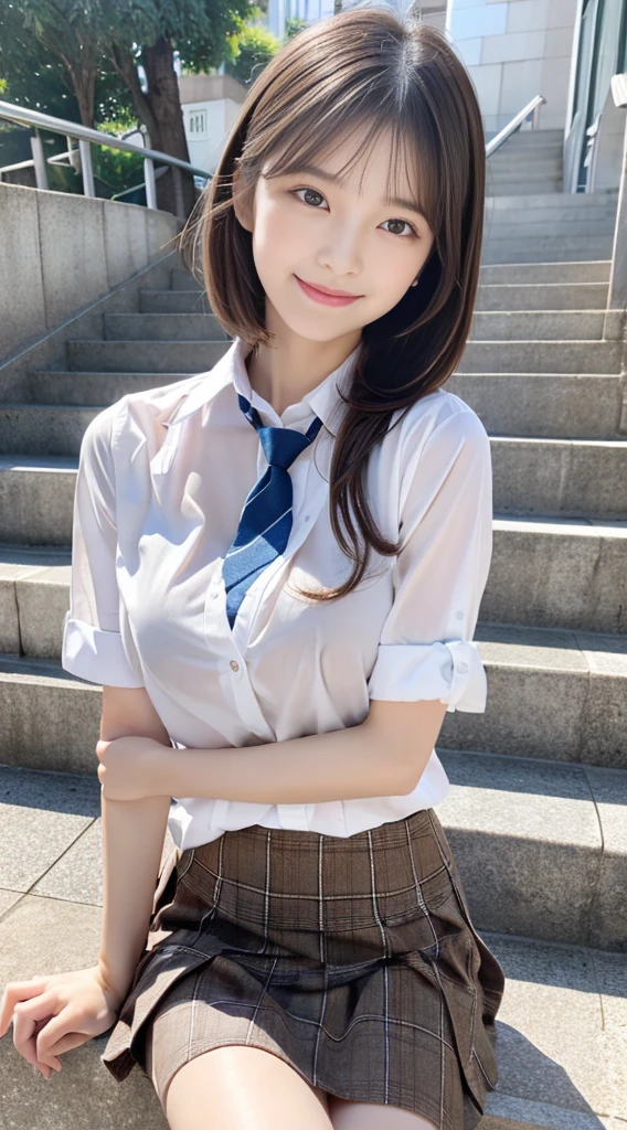 (1womanl、FULL BODYSHOT、Photograph the entire subject)、Black eyes、Korean School Uniform、Summer School Uniform Shirts、Ribbon tie、Plaid mini skirt、Light brown hair、stairs at school、stairs at schoolを下りる、Chest thrusting pose、Pose to show off your breasts、8K RAW Photos、hight resolution、-yeld coKorean、very large round breasts、beautiful eyes finely detailed、long eyeslashes、Beautiful double eyelids、eyeshadows、eye line、Slender eyes、elongated eye shape、Sanpaku eyes、evil smile、Evil look、beautiful and very thin legs、beautiful and very thin thighs,、random short medium hair、Tie your hair behind your head、耳环、stretch one leg out in front of you、white school socks、Brown loafers
