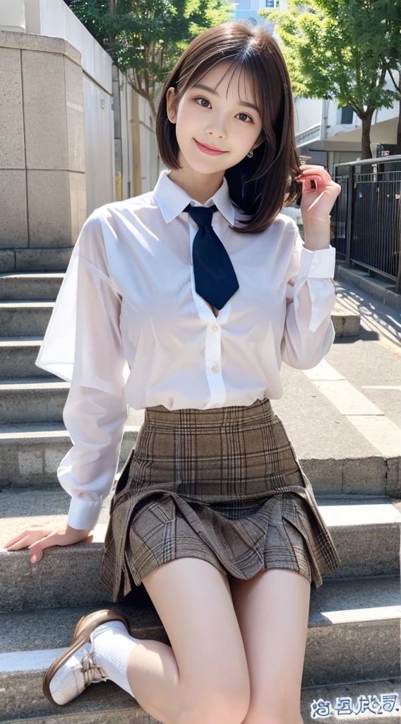 (1womanl、FULL BODYSHOT、Photograph the entire subject)、Black eyes、Korean School Uniform、Summer School Uniform Shirts、Ribbon tie、Plaid mini skirt、Light brown hair、stairs at school、stairs at schoolを下りる、Chest thrusting pose、Pose to show off your breasts、8K RAW Photos、hight resolution、-yeld coKorean、very large round breasts、beautiful eyes finely detailed、long eyeslashes、Beautiful double eyelids、eyeshadows、eye line、Slender eyes、elongated eye shape、Sanpaku eyes、evil smile、Evil look、beautiful and very thin legs、beautiful and very thin thighs,、random short medium hair、Tie your hair behind your head、耳环、stretch one leg out in front of you、white school socks、Brown loafers