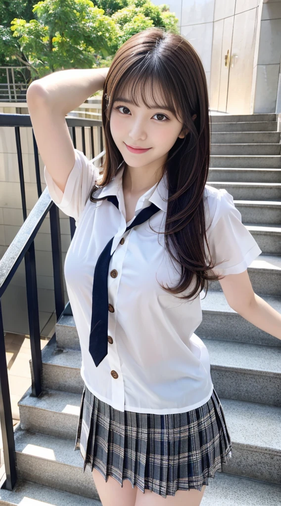 a beauty girl、Very very cute face、(((Very small breasts)))、slender body and limbs、(Keep previous face、Maintain the previous body shape、Keep your previous attire)、小柄、flat breast、student clothes、The shirt、Ribbon Ties、skirt by the