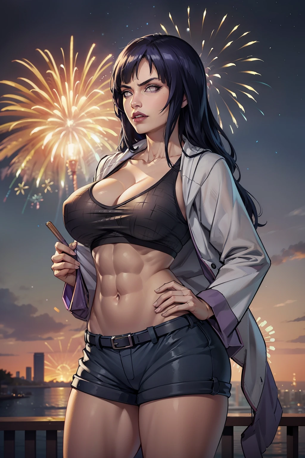 Hinata Hyuga, roupas brancas, new years eve, muito linda, Detailed Lips, olhos lindos, extremamente linda, sexy, noite de new years eve, ano novo, virada de ano, Fireworks background, drawing in the sky 2024, bunda grande, pernas grossas, Fitness, passagem de ano.