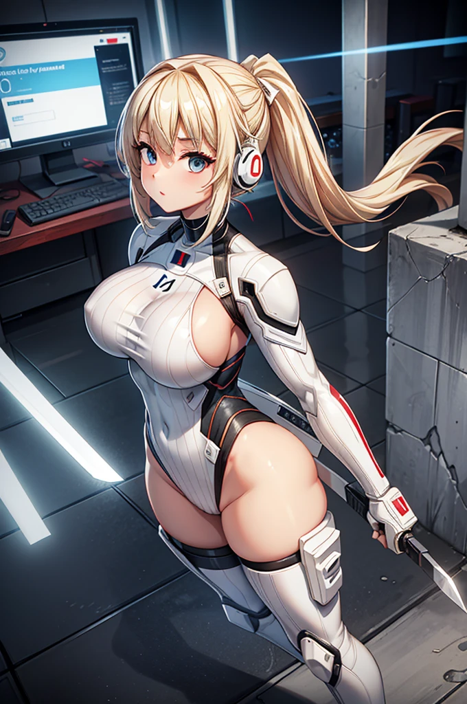 4K,hight resolution,One Woman,White blonde hair,poneyTail,head phone,Colossal tits,ninjartist,White Cybersuit,Knives,underground city