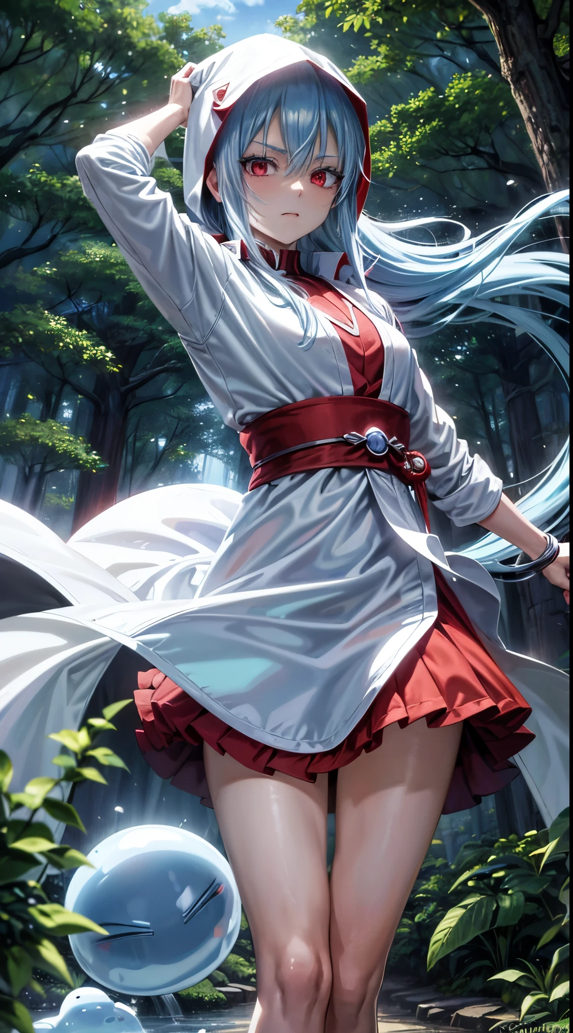 (an adult tensei shitara slime anime character) Rimuru Tempest, with prominent and piercing eyes of a (((scarlet red))), which exude an aura of cold determination and a sharp intelligence, (hair is light heavenly blue), flowing and smooth, neutral mouth, cold gaze, reflecting an unshakable personality and an indomitable spirit, The white hood that covers the character's head adds a touch of mystery and nobility, complementing his enigmatic and powerful presence, complete character, ((( setting in the forest))), white skin, highly detailed scenery, (wearing a white sheet), (checkered skirt)