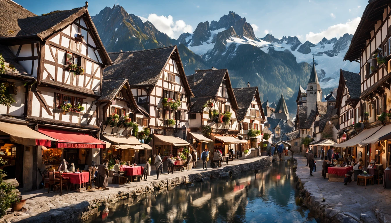 beautiful ancient mountain village town center lively medieval merchants shops restaurants town hall