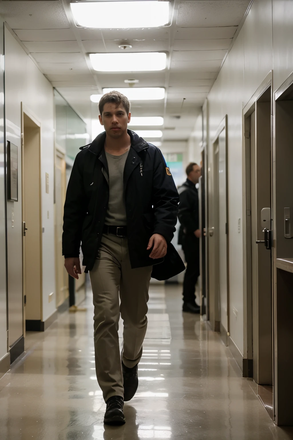 ((La mejor calidad)), ((Obra maestra)), (Detallado), Cara perfecta,A Blade Runner detective walks down the hallway of the police station, con las luces fluorescentes parpadeando y el aire saturado de humo de cigarrillo. The detective stops in front of a large window in the offices where the investigators are., the atmosphere is full of smoke."