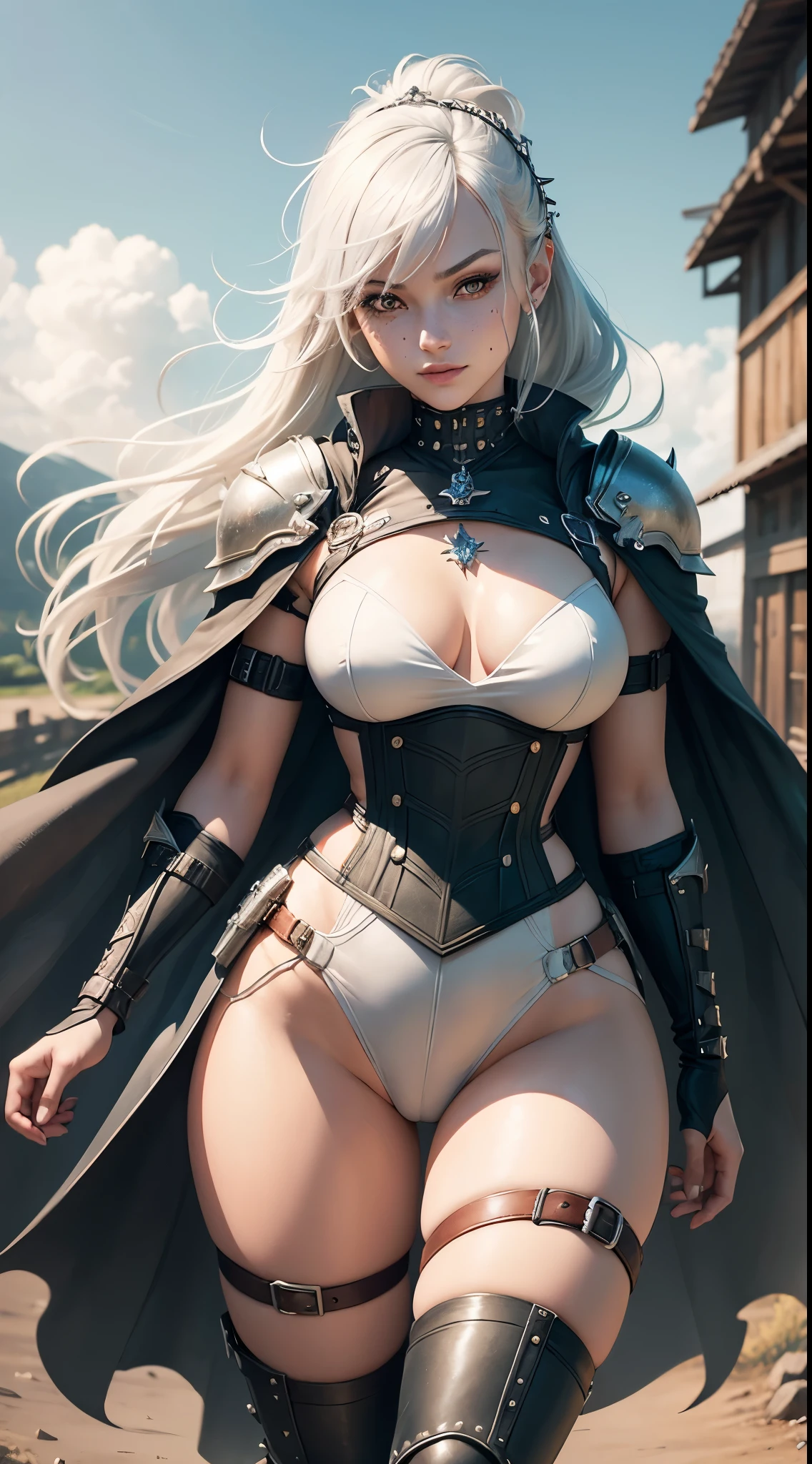 gwen tennyson,1girl,yorha 2b,riven,tracer,overwatch,atelier ryza,close up,winter meadow view,tattoos,orange and white plugsuit,white short sleeve knight leotard,knight steel armor,lycra micro shorts,harness corset,long punk hair,punk makeup,red eyes,multicolored silver hair,long dress train,sexy smile,freckles,beautiful girl,thigh high punk boots,large breasts,8k,ultra detailed,realistic,fantasy art,punk knight uniform,queen gown dress,hair pin,ear piercings,crystal hand and neck jewelry,(weather:windy),long orange knight cloak,(pose:ready to attack),petals flying,