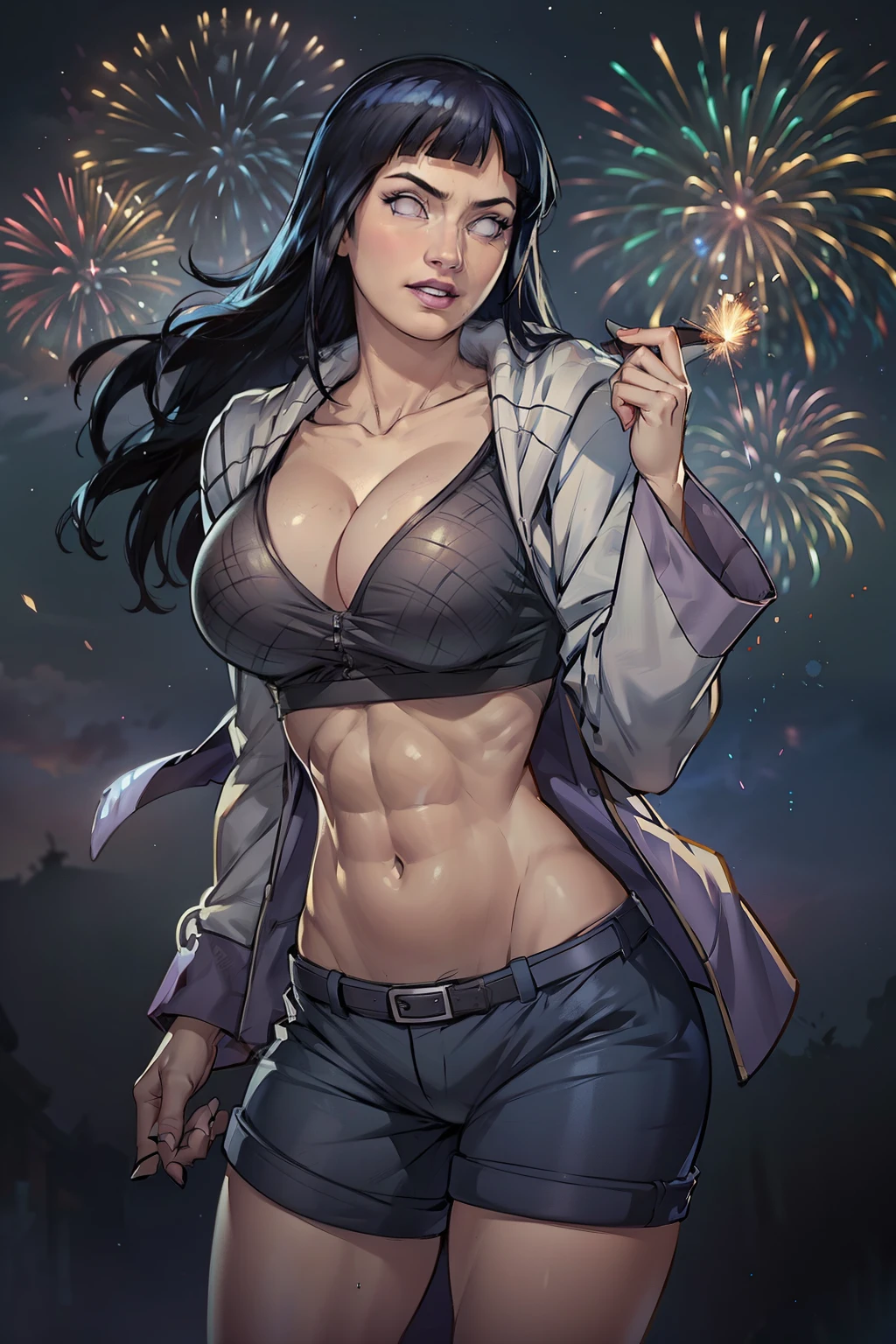 Hinata Hyuga, roupas brancas, new years eve, muito linda, Detailed Lips, olhos lindos, extremamente linda, ????, noite de new years eve, ano novo, virada de ano, Fireworks background, drawing in the sky 2024, bunda grande, pernas grossas, Fitness, passagem de ano.