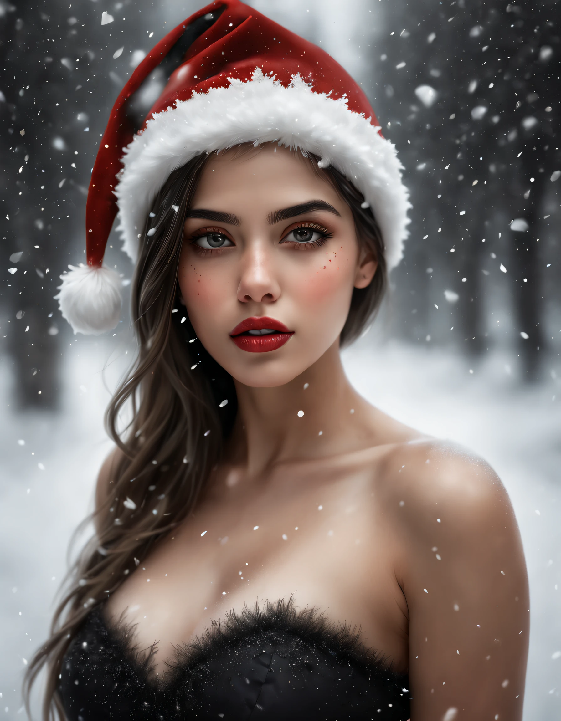 (melhor qualidade, realista: 1,37), woman black rosto detalhado, lindos olhos castanhos detalhados, beautiful detailed lips, long eyeslashes, santa hat, vestido de seda vermelho, snow falling from the sky, paisagem de inverno, ambiente aconchegante, warm ilumination, flocos de neve macios, serene expression, delicate strokes, retrato realista, cores vibrantes, holiday theme