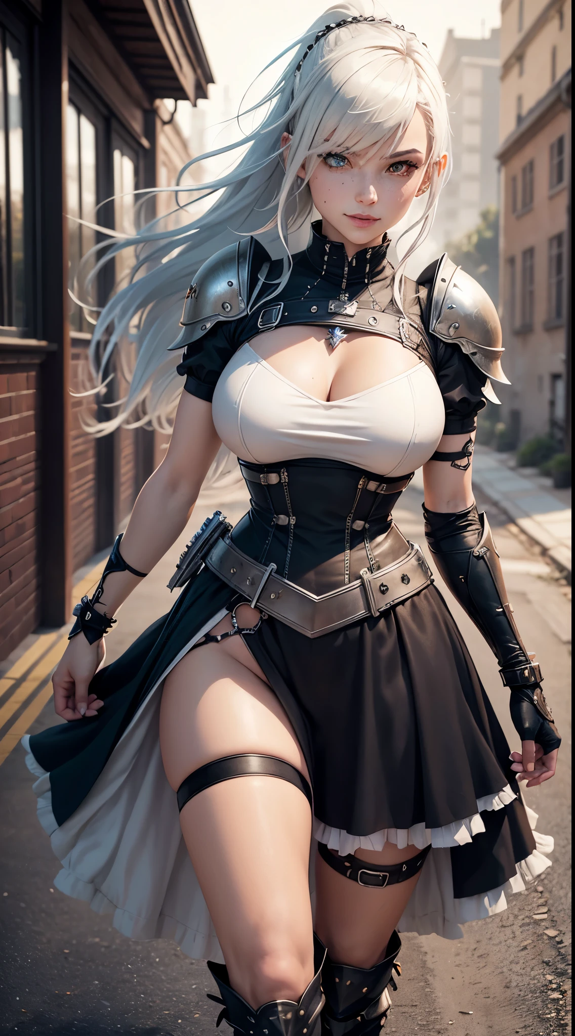 gwen tennyson,1girl,yorha 2b,riven,tracer,overwatch,atelier ryza,close up,winter meadow view,tattoos,orange and white plugsuit,white short sleeve knight leotard,knight steel armor,lycra micro shorts,harness corset,long punk hair,punk makeup,red eyes,multicolored silver hair,long dress train,sexy smile,freckles,beautiful girl,thigh high punk boots,large breasts,8k,ultra detailed,realistic,fantasy art,punk knight uniform,queen gown dress,hair pin,ear piercings,crystal hand and neck jewelry,(weather:windy),long orange knight cloak,(pose:ready to attack),petals flying,