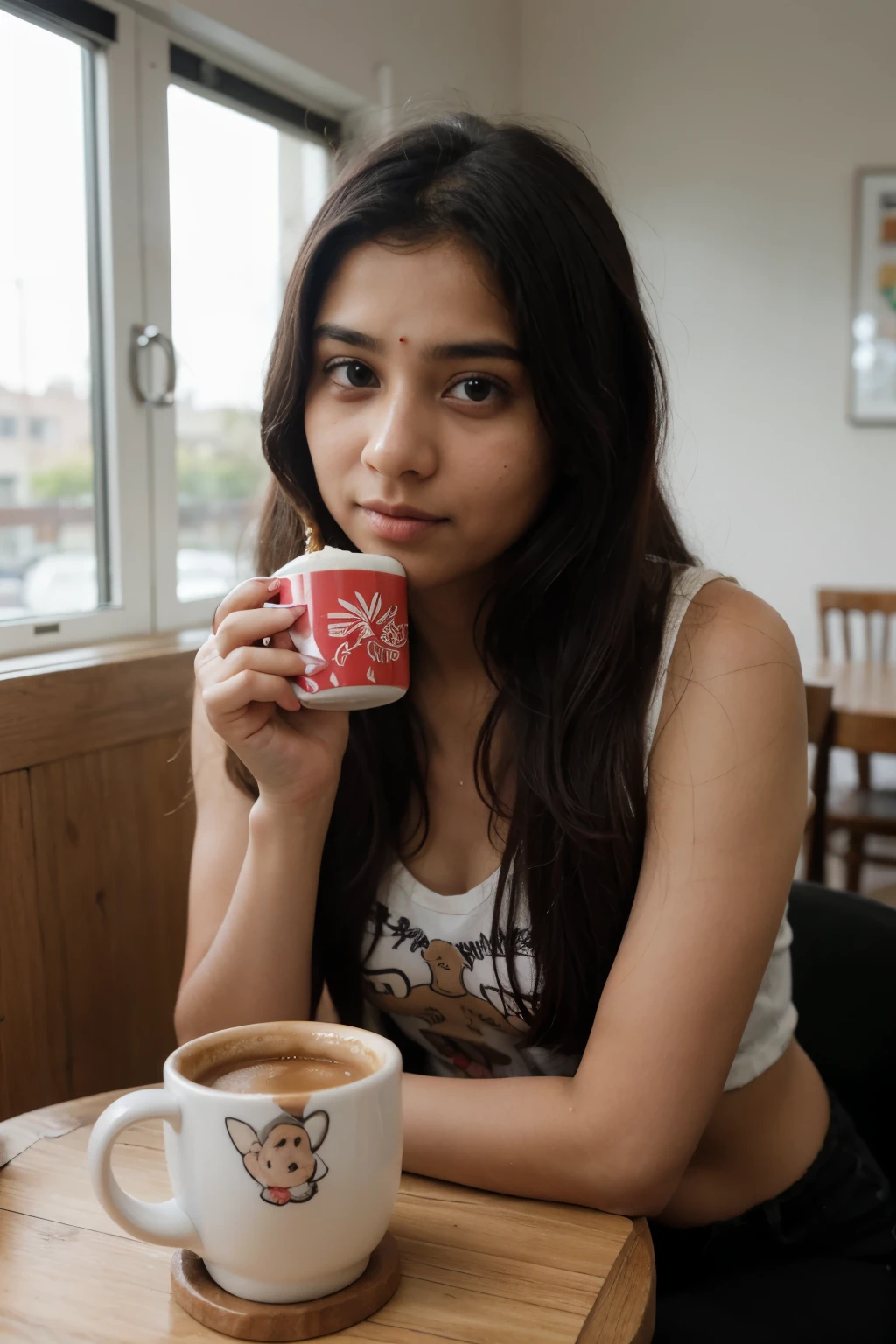 Beautiful Indian teenage girl drinking coffee in anime printed mug