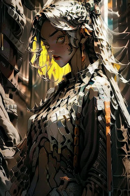 Unbeatable full body masterpiece image, Ultra photo realism, Perfect Artwork, Intricate details, Best Quality, strong lights,High contrast,((Post apocalyptic futuristic Cyberpunk , outline):1.35) , ((masterpiece)),((Extremely detailed)) , ((extremely detailed and beautiful face)) , Smoky make-up, Perfect composition , intricate detailes , neon light , neon trim, (full body:1.25) , (Official art) , Very delicately beautiful cyberpunk girl, short blue colored hair blowing in the wind, vibrant yellow eyes, long detailed eyelashes, cleavage showing showing medium size breast, wearing highly detailed futuristic hooded battle armor, tons of tattoos and piercings(1woman:1.3) , Solo , (glass screen:1.2) , (Clear glass) , Tindall Effect , Colorful refraction , visual impact , (High light contrast) , Colorful , Melt , (Cyberpunk:1.2) ,(flinch :1.4)