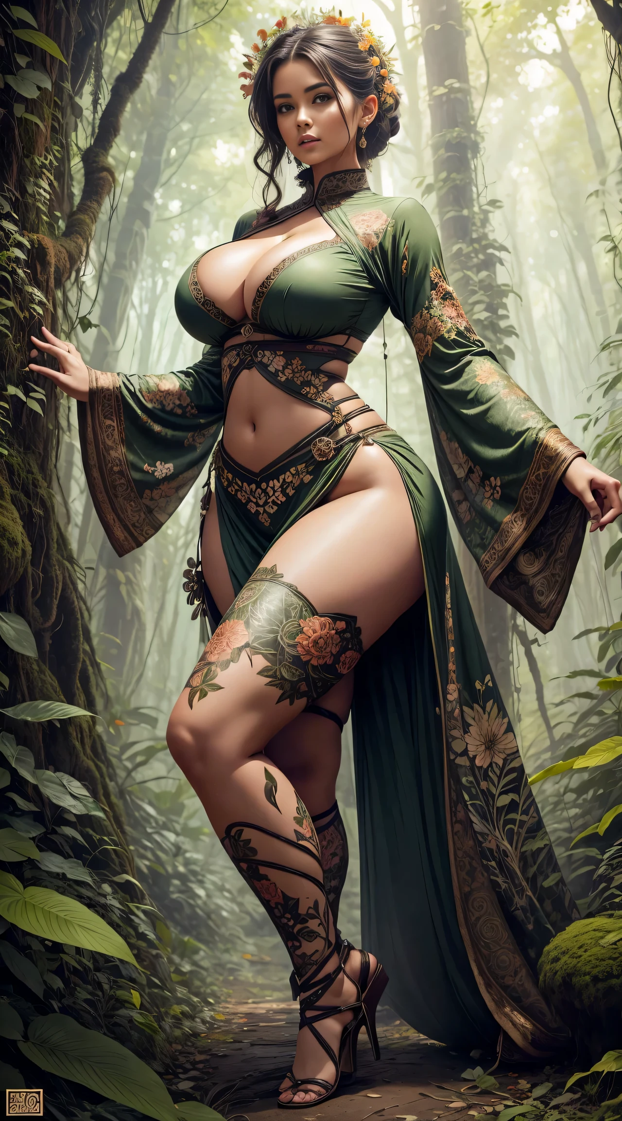 1 with forest sexy clothes, flowers, leaves, mandalas, fractal, woman, huge breasts, wide hips, tall, sexy legs, voluptous, legs slightly apart, bursting breasts, light