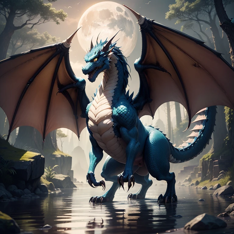 tmasterpiece,Best quality at best,high high quality,the Extremely Detailed CG Unity 8K Wallpapers,An enchanting and dreamy scene of a fantasy forest,Towering trees,Mountains and lakes with moon in the sky,Highly detailed digital art in 4K,4K HD wallpapers very detailed,impressive fantasy landscape,Sci-fi fantasy desktop wallpaper,Unreal Engine 4K wallpapers,4K detailed digital art,Sci-fi fantasy wallpaper,Epic dreamy fantasy landscape,4k hd matte digital painting,8K stunning artwork,half wolf, The half-dragon stands on its hind legs in the water,Sideways photo,There are four hands,There are extra-long dragon tails。There are vertical scales on the back。The eyes are fierce。Has big furry ears。The villain is handsome,Strong and powerful, Dramatic cinematic details fur, hyper realistic fur, highly realistic photograph, cinematic full body shot, cinematic full shot, guardian of the holy lake, adventure hyper realistic render, volumetric fur, ultra-realistic picture, Make a gesture of majesty, hyperreal rendering,A combination of mythical creatures, explicit, penis, tapered penis