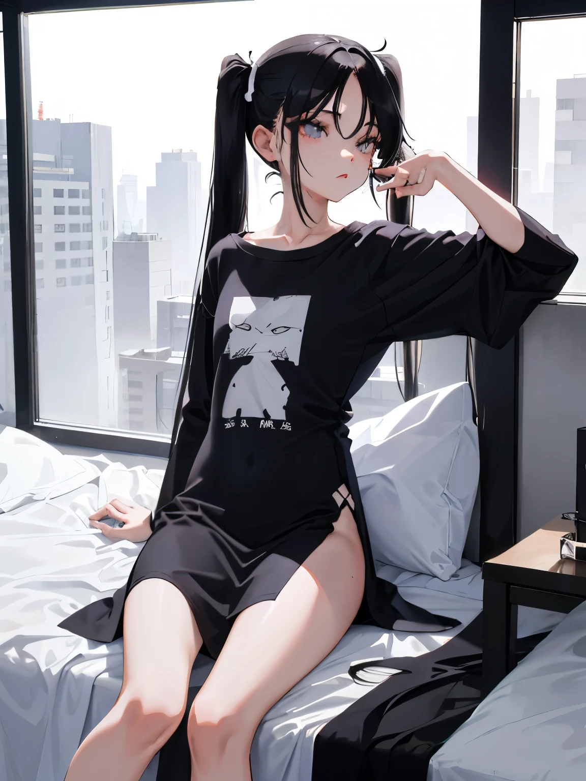 (masterpiece,Highest Quality),(child),((Long T-shirt,Thin dress)),(A dark-haired,long twintail),sleepy expression,Delicate body