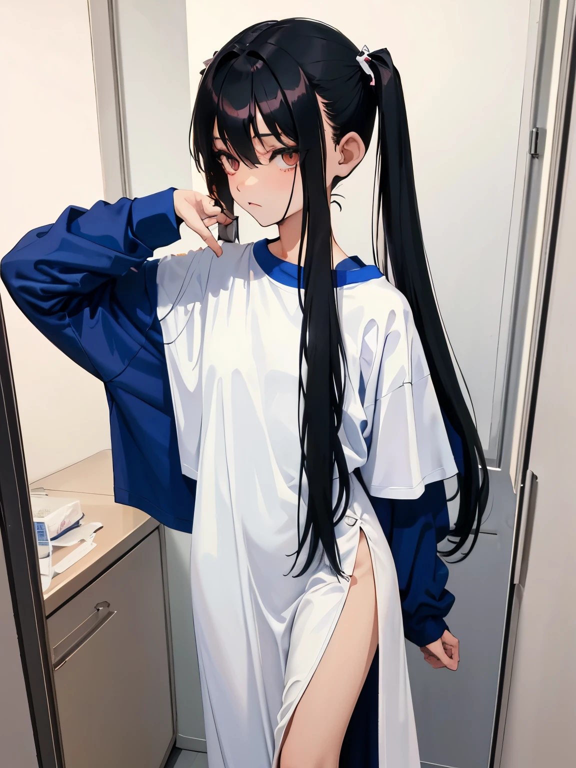 (masterpiece,Highest Quality),(),((Long T-shirt,Thin dress)),(A dark-haired,long twintail),sleepy expression,Delicate body