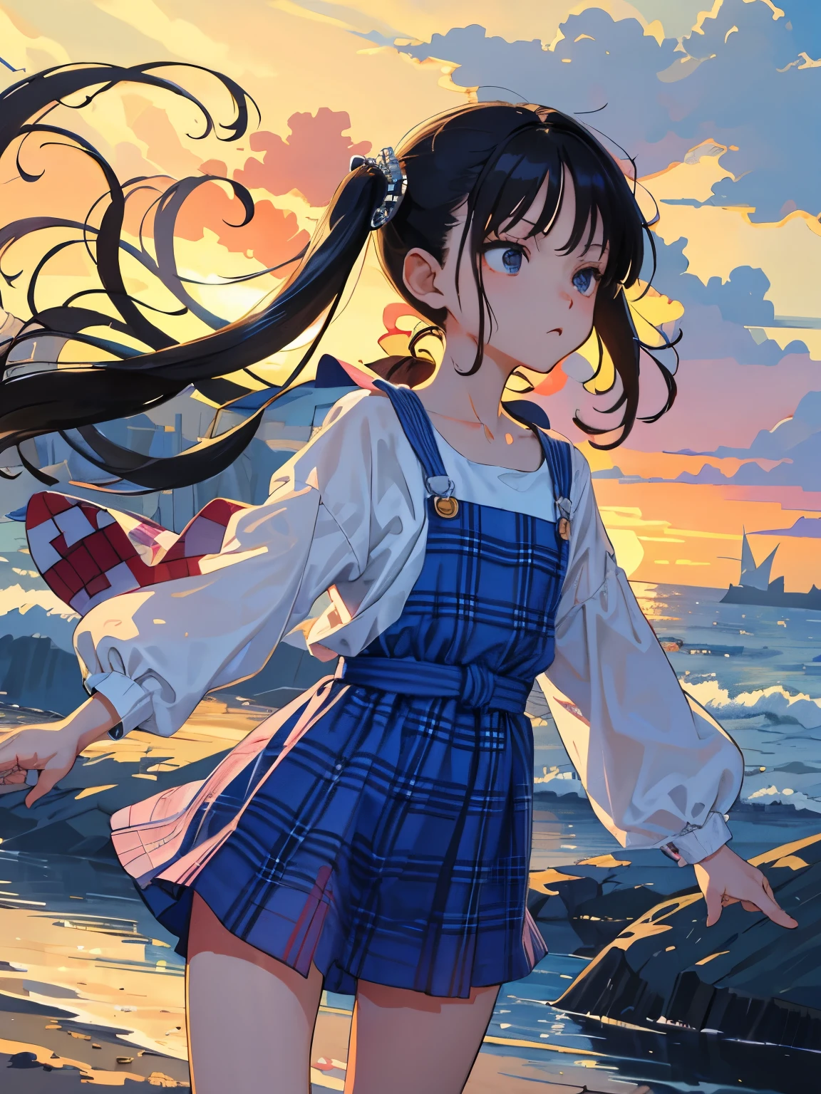 （​masterpiece，Highest Quality），()，((Plaid one piece))，(A dark-haired，long twintail)，sleepy expression，Delicate body，The wind is blowing