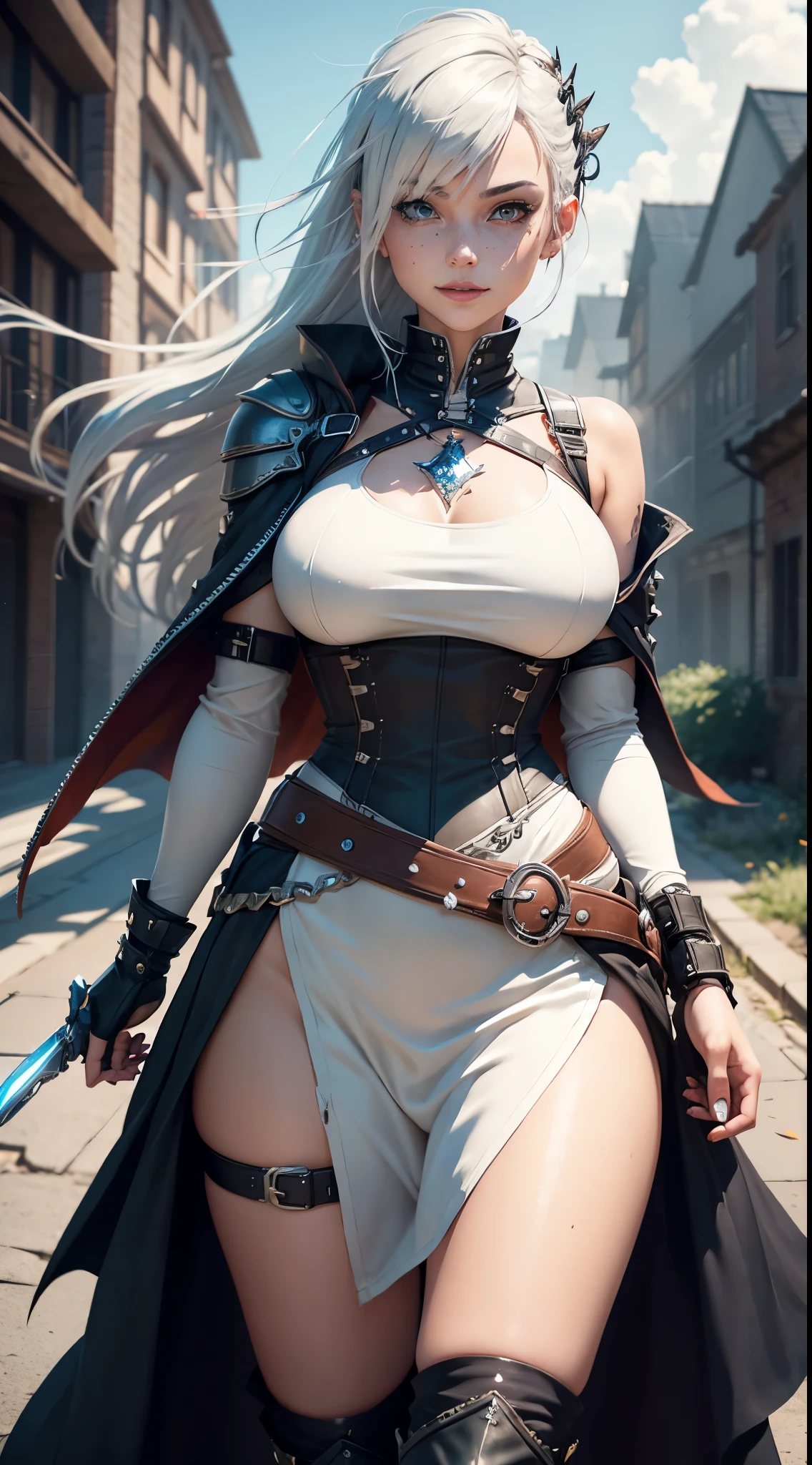 gwen tennyson,1girl,yorha 2b,riven,tracer, overwatch,atelier ryza,close up,winter meadow view,tattoos,orange and white plugsuit,white short sleeve knight leotard,knight steel armor,lycra micro shorts,harness corset,long punk hair,punk makeup,red eyes,multicolored silver hair,long dress train,sexy smile,freckles,beautiful girl,thigh high punk boots,large breasts,8k,ultra detailed,realistic,fantasy art,punk knight uniform,queen gown dress,hair pin,ear piercings,crystal hand and neck jewelry,(weather:windy),long orange knight cloak,(pose:ready to attack),petals flying,