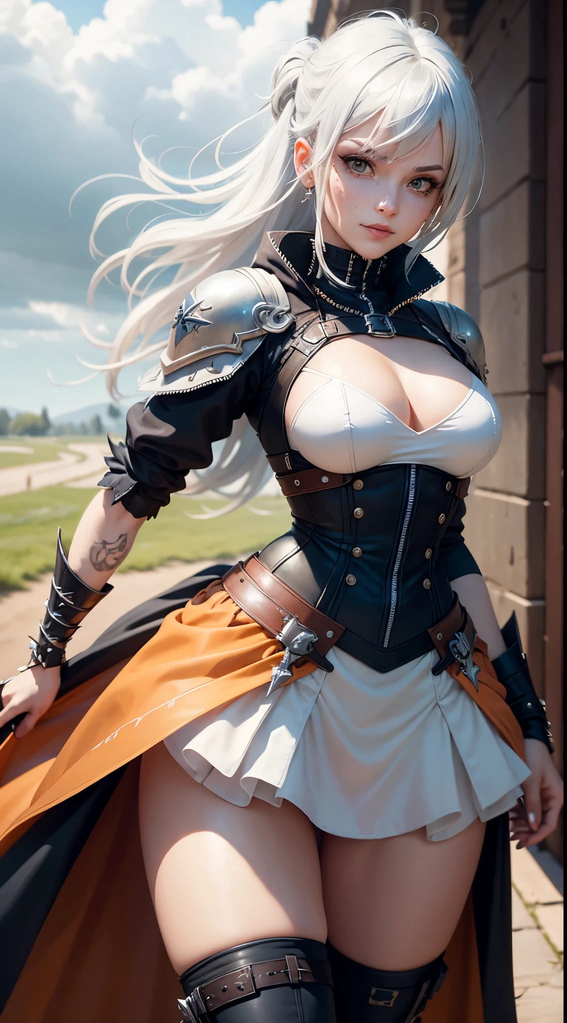 gwen tennyson,1girl,yorha 2b,riven,tracer, overwatch,atelier ryza,close up,winter meadow view,tattoos,orange and white plugsuit,white short sleeve knight leotard,knight steel armor,lycra micro shorts,harness corset,long punk hair,punk makeup,red eyes,multicolored silver hair,long dress train,sexy smile,freckles,beautiful girl,thigh high punk boots,large breasts,8k,ultra detailed,realistic,fantasy art,punk knight uniform,queen gown dress,hair pin,ear piercings,crystal hand and neck jewelry,(weather:windy),long orange knight cloak,(pose:ready to attack),petals flying,
