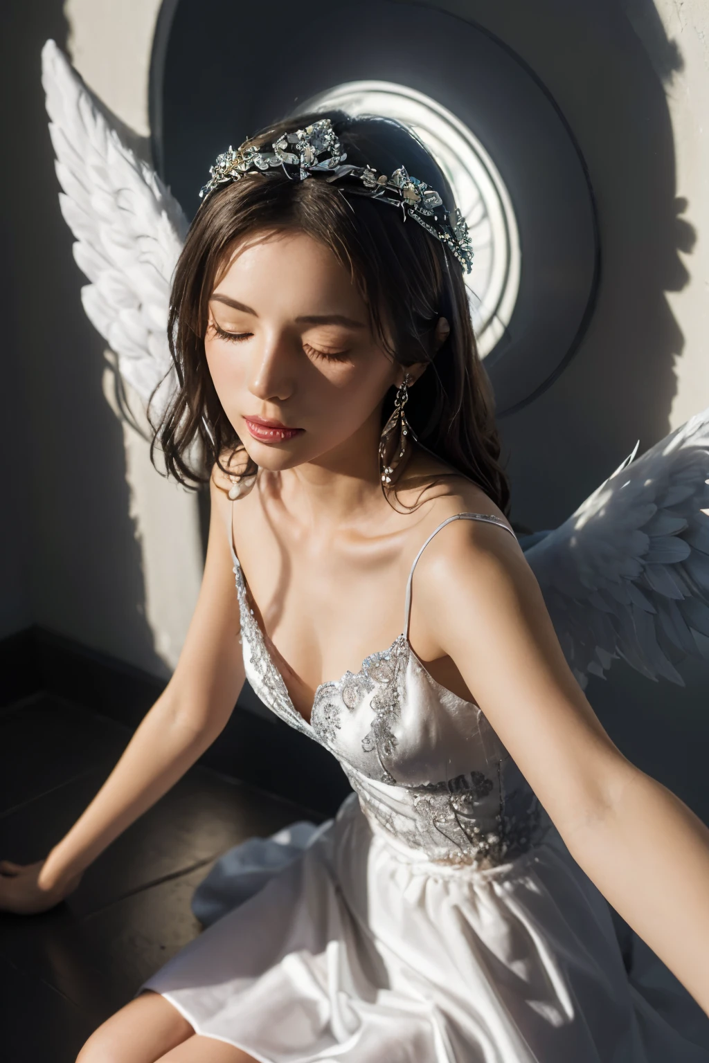 1girl in, Solo, Jewelry, earrings, Closed eyes, flower,(Sunlight),(Angel),Dynamic Angle, floating, Wing, Halo, floating white silk,(Holy Light),silver star,