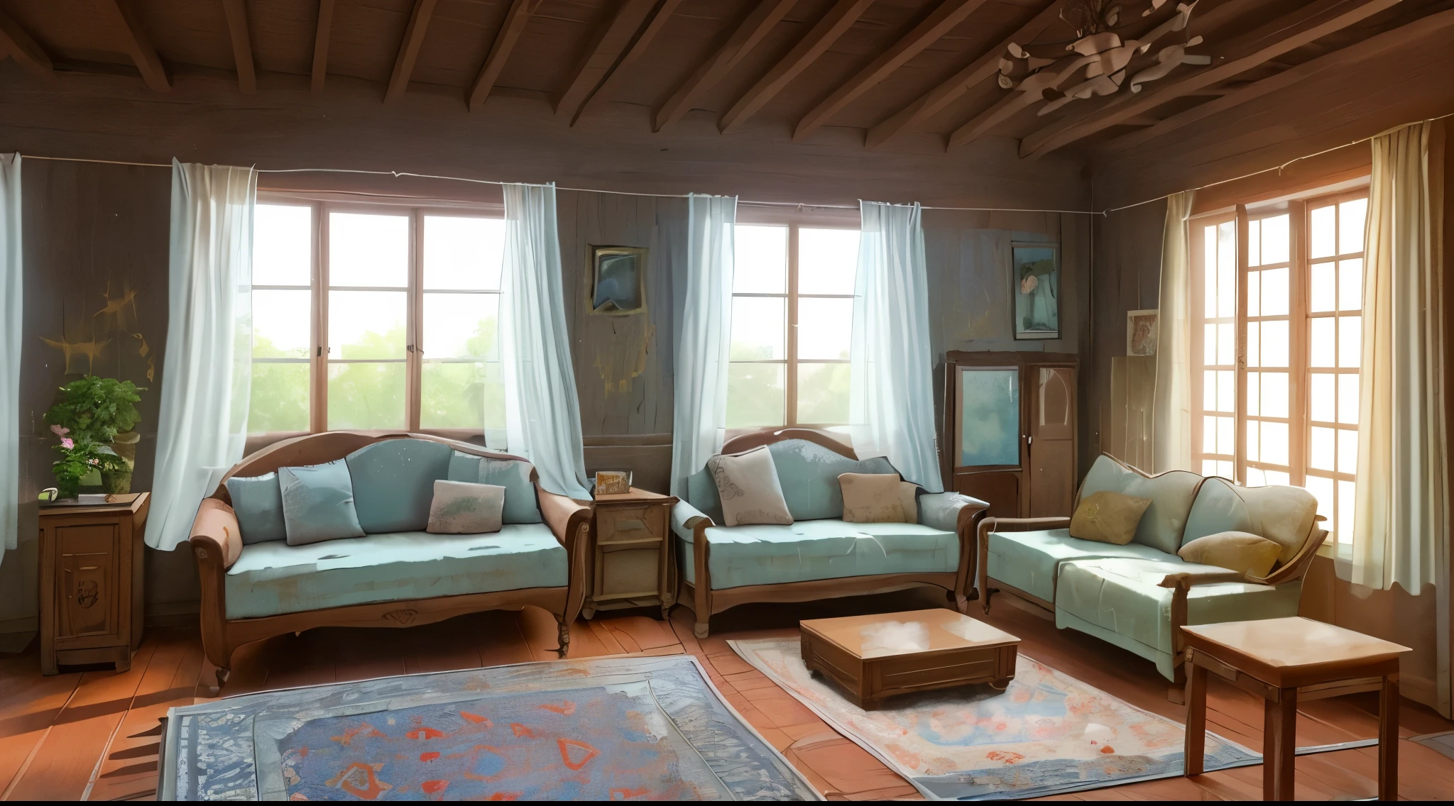 A room in a slavic village house, low details, three white wooden windows with transparent curtains, sofa, small table with an old tv on it, couple of small painting on the wall, carpet on a floor, garden outside the window, sun beam through the window, warm lighting, everlasting summer game style