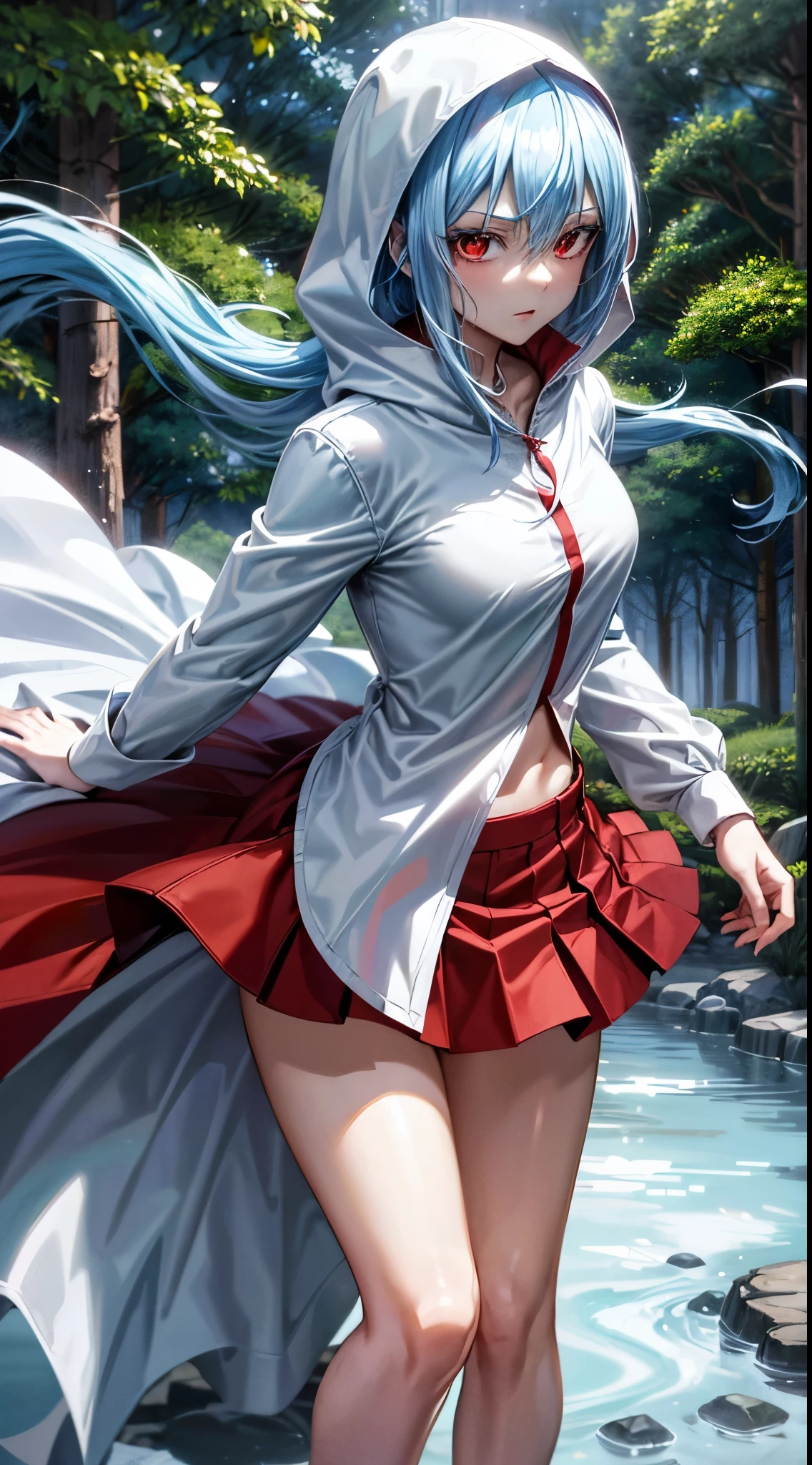 (an adult tensei shitara slime anime character) Rimuru Tempest, with prominent and piercing eyes of a (((scarlet red))), which exude an aura of cold determination and a sharp intelligence, (hair is light heavenly blue), flowing and smooth, neutral mouth, cold gaze, reflecting an unshakable personality and an indomitable spirit, The white hood that covers the character's head adds a touch of mystery and nobility, complementing his enigmatic and powerful presence, complete character, ((( setting in the forest))), white skin, highly detailed scenery, (wearing a white sheet), (checkered skirt)