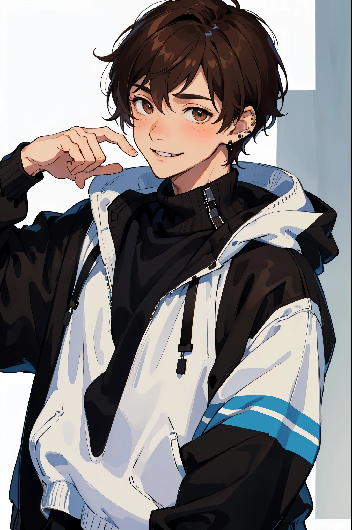 masterpiece, best quality,1 male, brown hair, brown eyes, shy, sweater, piercings, earrings, tired, black jacket,blue hood , portrait, cool look, big fluffy bangs, blushing, cute smile, pale, seductive eyes,white background
