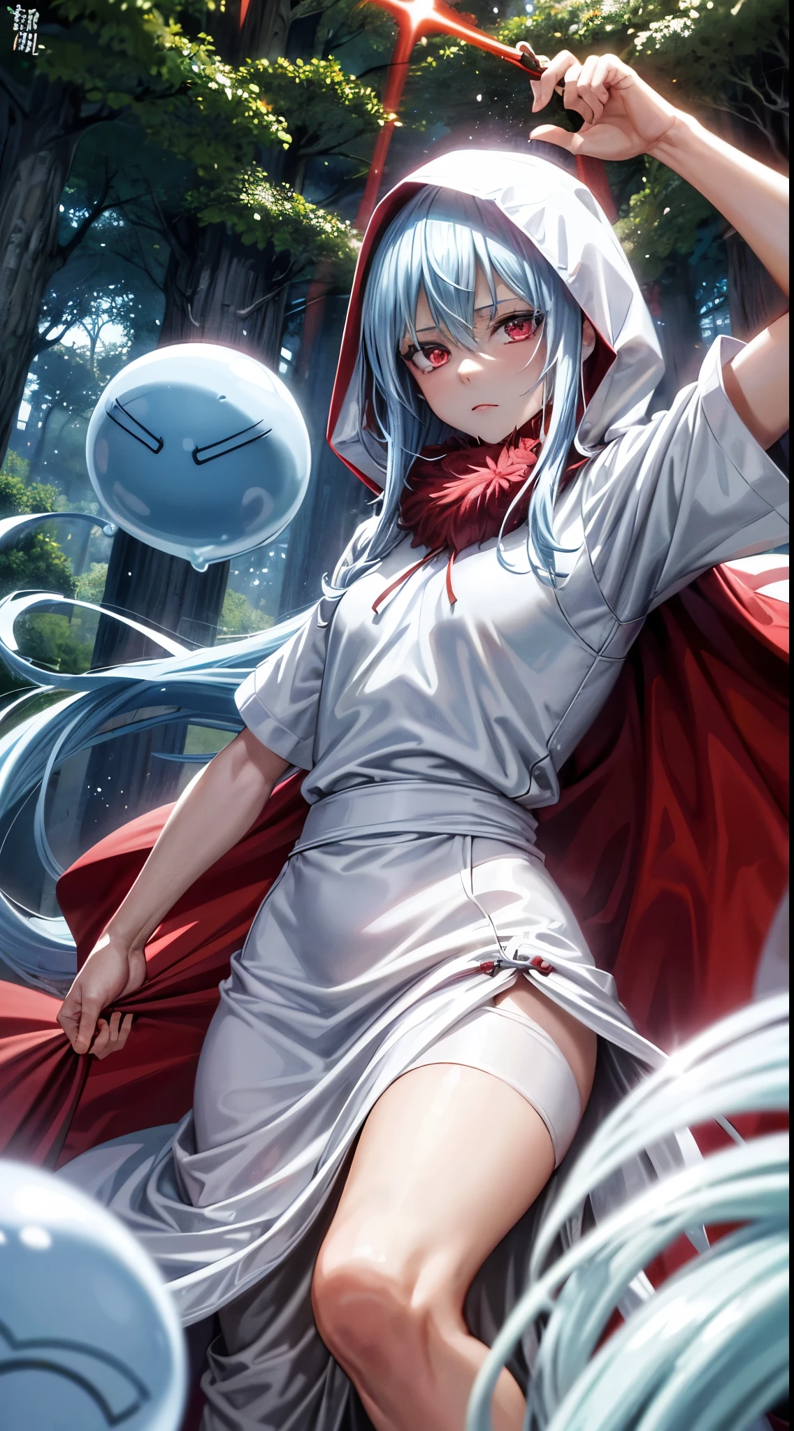 (an adult tensei shitara slime anime character) Rimuru Tempest, with prominent and piercing eyes of a (((scarlet red))), which exude an aura of cold determination and a sharp intelligence, (hair is light heavenly blue), flowing and smooth, neutral mouth, cold gaze, reflecting an unshakable personality and an indomitable spirit, The white hood that covers the character's head adds a touch of mystery and nobility, complementing his enigmatic and powerful presence, complete character, ((( setting in the forest))), white skin, highly detailed scenery, (wearing a white sheet), (checkered skirt)