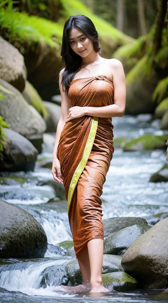 A Beautiful Girl, long-haired, Wear a Thai sarong, Thai pattern drawing, bathe, enormous breasts, Beautiful breast, slim, slim, flat stomach, elongated legs, stream, river bank, natural