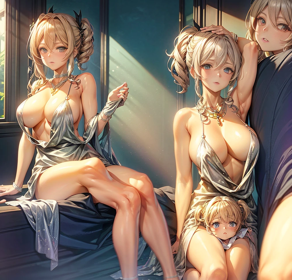 ((tmasterpiece,best qualtiy)),huge tit,Blush, Blonde hair, st louis\(luxurious wheels\) \(azur lane\), High- sharpness, HighestQuali, illustratio, cinematric light, ultra - detailed, 详细的脸, (Detailed eyeest qualtiy, ultra - detailed, tmasterpiece, (详细的脸),big cleavage breasts, hair adornments, Nipple Ring, choker necklace, sportrait, silver lingerie, Clothing that exposes, higher detailed, glowing light eyes, (inns: 1.2), sit on a bed, Sat down, Beds, janelas, nigh sky, The light from the back window is backlighted, llight rays, (hight contrast), (a color),Three girls,