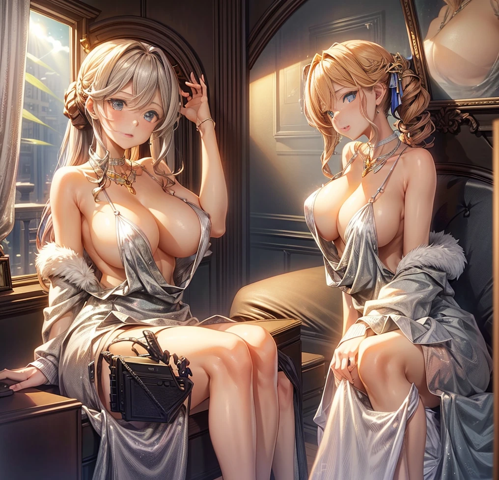 ((tmasterpiece,best qualtiy)),huge tit,Blush, Blonde hair, st louis\(luxurious wheels\) \(azur lane\), High- sharpness, HighestQuali, illustratio, cinematric light, ultra - detailed, 详细的脸, (Detailed eyeest qualtiy, ultra - detailed, tmasterpiece, (详细的脸),big cleavage breasts, hair adornments, Nipple Ring, choker necklace, sportrait, silver lingerie, Clothing that exposes, higher detailed, glowing light eyes, (inns: 1.2), sit on a bed, Sat down, Beds, janelas, nigh sky, The light from the back window is backlighted, llight rays, (hight contrast), (a color),Three girls,