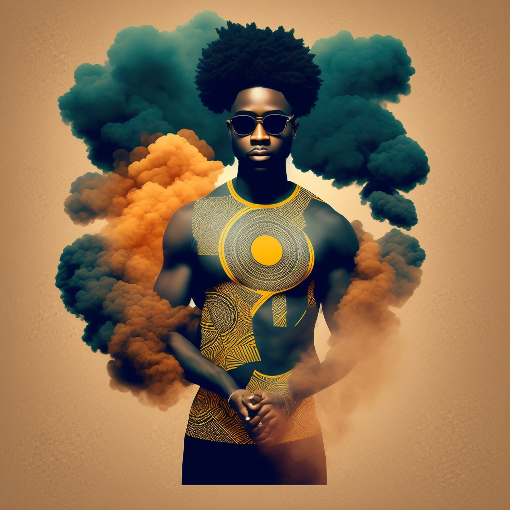 smoke logo with african pattern ,um terno de luxo ,baseado em Traje representativo da bandeira de Cabo Verde - com elementos tribais discretos, eyesight, plano completo, vista frontal, vista traseira, Estilo Art Vista de Corpo Inteiro ,Multiple views and poses, various points of view, of a full body photography realistic illustration graphic,