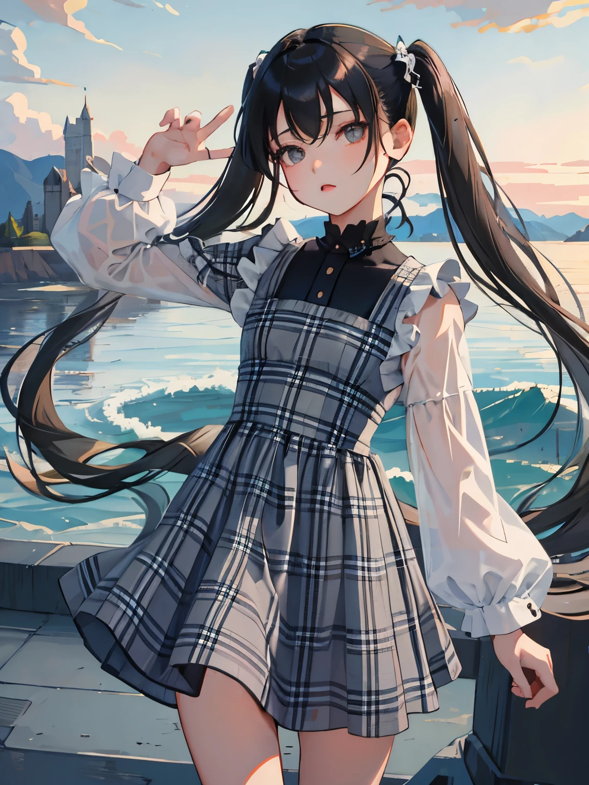 (masterpiece,Highest Quality),(),((gray plaid dress)),(A dark-haired,long twintail),sleepy expression,Delicate body,The wind is blowing