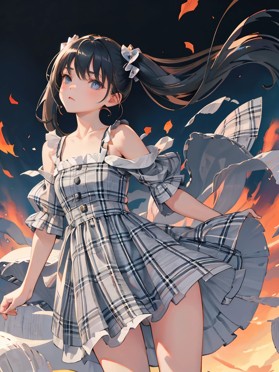 (masterpiece,Highest Quality),(child),((gray plaid dress)),(A dark-haired,long twintail),sleepy expression,Delicate body,The wind is blowing