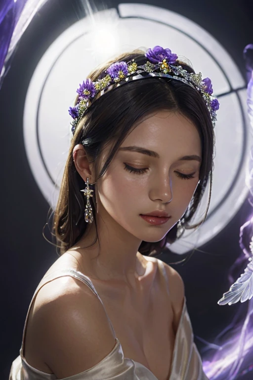 1girl in, Solo, Jewelry, earrings, Closed eyes, flower,(Sunlight),(Angel),Dynamic Angle, floating, Wing, Halo, floating white silk,(Holy Light),silver star,