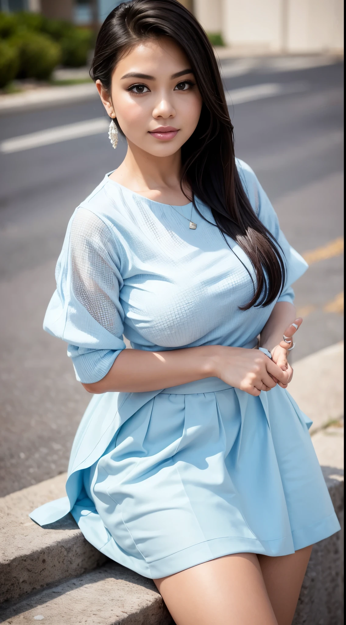 ( Close Up),RAW, Best quality, high resolution, masterpiece: 1.3), beautiful Malay woman ,Masterpiece, perfect fit body, (big breast),big gorgeous eyes, Soft smile,thick thighs, beutifull face, woman sitting in a blue skirt and white top is walking down a sidewalk, pale blue outfit, flowing blue skirt, very beautiful style, modest!, light blue and white tones, intricate outfit, beautiful detailed elegant, white and pale blue toned, bluish and cream tones, pleated skirt, white and pale blue, well - detailed outfit, modestly dressed , Excellent lighting, Bright colors, Clean lines