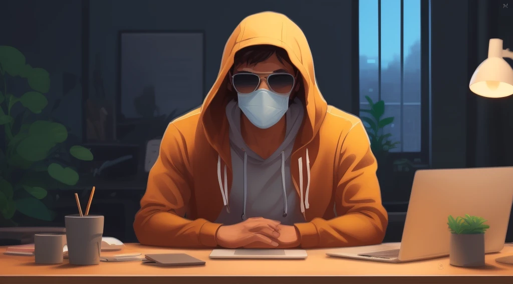 Create an 8k resolution illustration of a business character with a gouache style. The character is wearing a mask, hoodie and sunglasses. He is sitting behind a laptop in a minimalistic studio.