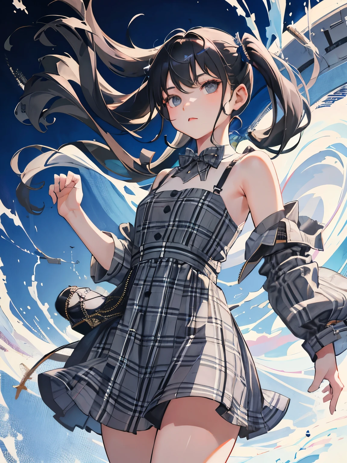 （​masterpiece，Highest Quality），(child)，((gray plaid dress))，(A dark-haired，long twintail)，sleepy expression，Delicate body，The wind is blowing