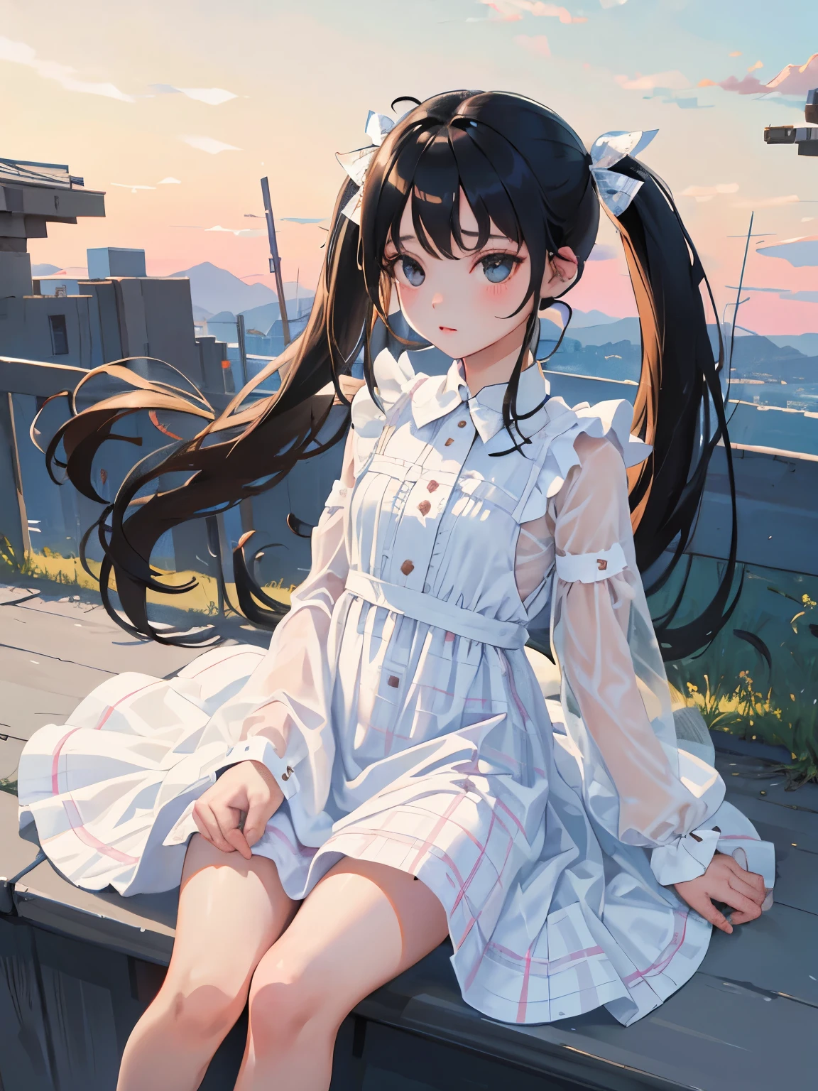 （​masterpiece，Highest Quality），(child)，((white plaid dress))，(A dark-haired，long twintail)，sleepy expression，Delicate body，The wind is blowing