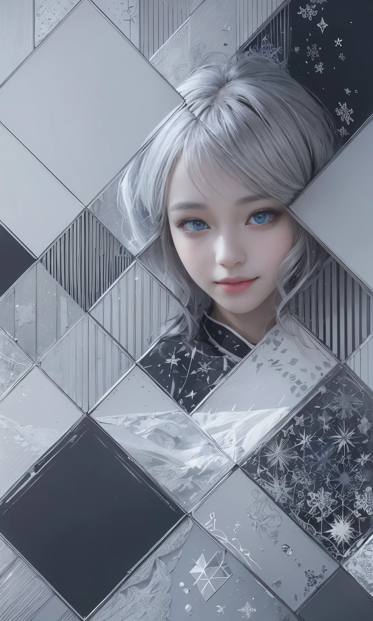 (Realistic:1.8), (Digital art:0.2), (Geometric art:1.7),(agpi official art, beautiful and aesthetic, ultra detailed, beautiful, masterpiece, best quality:1.6), (1girl:1.2), Detailed face, Detailed eyes, Detailed hair, young fingers, Detailed fingers, five fingerREAK cute ig model, Japanese cute model, 22 years old, Tightened all body, small head, small face, small mouth, diamond Face, small nose, Sharp Faceline, (dropy eyes, Double eyelid, Light color eyes, Glossy eyes, Shiny eyes:1.2), Shiny skin, shiny hair, (gray hair:1.2),
_
BREAK (happy, smile, Teeth, Glossy Lip:1.2),beautiful Teeth, (upper body:1.5), sitting, from front,
_
BREAK (BLACK and White theme:1.4), (Cute Christmas theme:1.2), (fluffy Santa hat with ribbon:1.2), (adorable BLACK and white candy cane-striped off-shoulder top:1.2), (short length White pleated skirt with subtle Polka dot pattern:1.2), (festive knee-high socks with small bows:1.2), (festive White and BLACK ankle boots:1.2), BREAK (sparkling snowfall background:1.2), (Fog, mist:1.4),(joyful expression:1.2), (holding a cute gift box with a big bow:1.2), (gentle snow breeze:1.2),