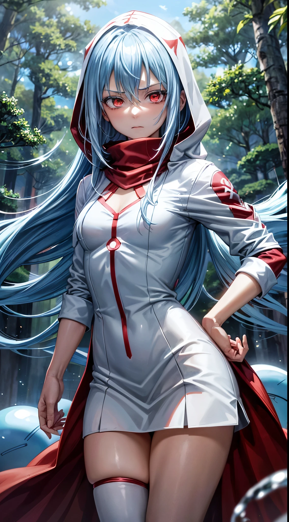 (an adult tensei shitara slime anime character) Rimuru Tempest, with prominent and piercing eyes of a (((scarlet red))), which exude an aura of cold determination and a sharp intelligence, (hair is light heavenly blue), flowing and smooth, neutral mouth, cold gaze, reflecting an unshakable personality and an indomitable spirit, The white hood that covers the character's head adds a touch of mystery and nobility, complementing his enigmatic and powerful presence, complete character, ((( setting in the forest))), white skin, highly detailed scenery, (wearing a white sheet), (checkered skirt)