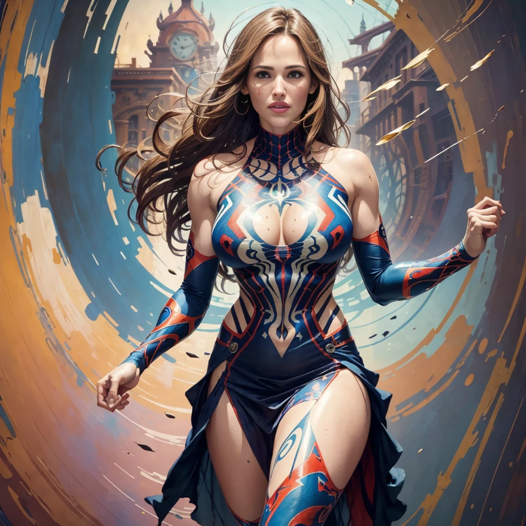 Jennifer Garner、Sticking out the navel、newyork、She wears a torn Spider-Man suit,wearing skirt、abstract photorealistic、artistic、Alphonse Mucha's painting(​masterpiece、top-quality、hight resolution:1.4)、detaileds、複雑なdetaileds、4K、color splashes、line-drawing、Fibonacci、