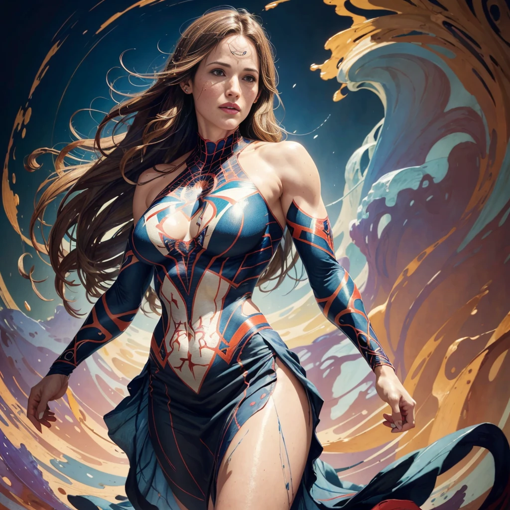 Jennifer Garner、Sticking out the navel、newyork、She wears a torn Spider-Man suit,wearing skirt、abstract photorealistic、artistic、Alphonse Mucha's painting(masterpiece、top-quality、hight resolution:1.4)、detaileds、複雑なdetaileds、4K、color splashes、line-drawing、Fibonacci、