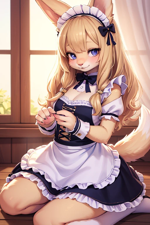 (Furry,Dog girl,Hairy girl in maid costume,nsfw),(Best quality,A high resolution,Ultra-detailed,Realistic:1.37),Beautiful detailed eyes,beautiful detailed lips,Extremely detailed eyes and face,long eyelasher,with its soft fur,Blonde hair,Natural sunlight,Flower garden,Pastel colors,Peaceful atmosphere,Warm and comfortable environment,Vibrant colors,Playful expression,Gentle smile,Sparkling eyes,Curly hair,Elegant Pose,Cute dog ears,Cute tail,Fluffy skirt,Delicate embroidery,Ruffled lace apron,maid headband,Lovely collar,Bunny slippers,Ribbons,Rustic white frills,luxurious fabrics,Petite figure,Clever rendering,Fantastical Atmosphere,Dainty hands+the bow,Small proportions,graceful movements,Innocent charm,whimsical details,mesmerizing backdrop, Dreamy lighting, Artistic composition