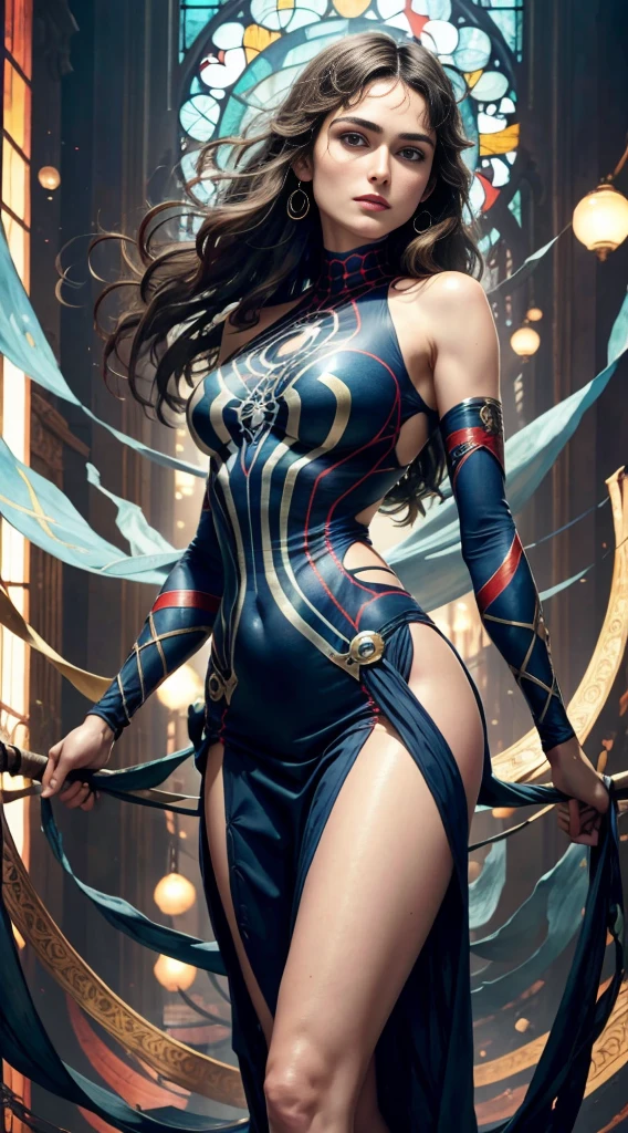 keira knightley、Sticking out the navel、newyork、She wears a torn Spider-Man suit,wearing skirt、abstract photorealistic、artistic、Alphonse Mucha's painting(masterpiece、top-quality、hight resolution:1.4)、detaileds、複雑なdetaileds、4K、color splashes、line-drawing、Fibonacci、