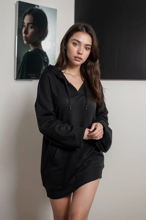 ((best quality)), ((masterpiece)), (detailed), perfect face realistic photo of beautiful woman with long dark brown hair, Russian, influencer, light freckles, dark brown eyes, big lips, no makeup, instagram, standing next to black wall, wearing sexy oversized winter hoodie dress