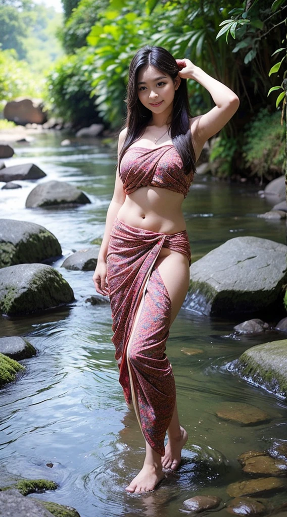 A Beautiful Girl, long-haired, Thai sarong, Thai pattern drawing, bathe, enormous breasts, Beautiful breast, slim, slim, flat stomach, elongated legs, stream, river bank, natural