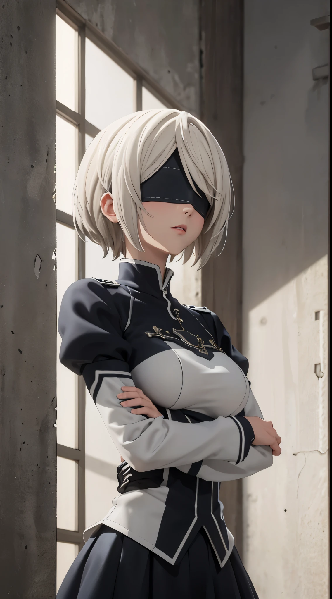 (extremely detailed CG unity 8k wallpaper), (masterpiece), (best quality), (ultra-detailed), (best illustration), (best shadow), (absurdres), 2b, 1girl, short hair, short ponytail, normal size boobs, white hair, blindfold solo, Intimidating women, admiral uniform, night, hero pose, white clothes, General Uniform, Military Uniform, Sunlight, exposed to sunlight,commander, cape, fighting, ((beautiful fantasy girl)), (Master Part: 1.2), Best Quality, High Resolution, photorealestic, photogenic, Unity 8k壁纸, perfect lighting, (perfect arms, perfect anatomy) beatiful face, intricate details, Detalhes realistas, the anime, The Perfect Girl, perfect details, Ultra HD |, 8K, Professional photo